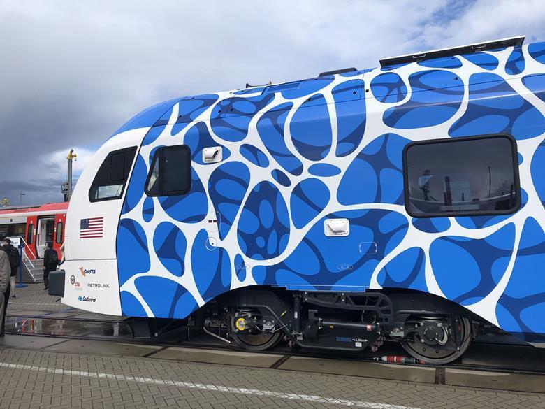 A Stadler FLIRT hydrogen-powered train with distinctive blue and white livery.